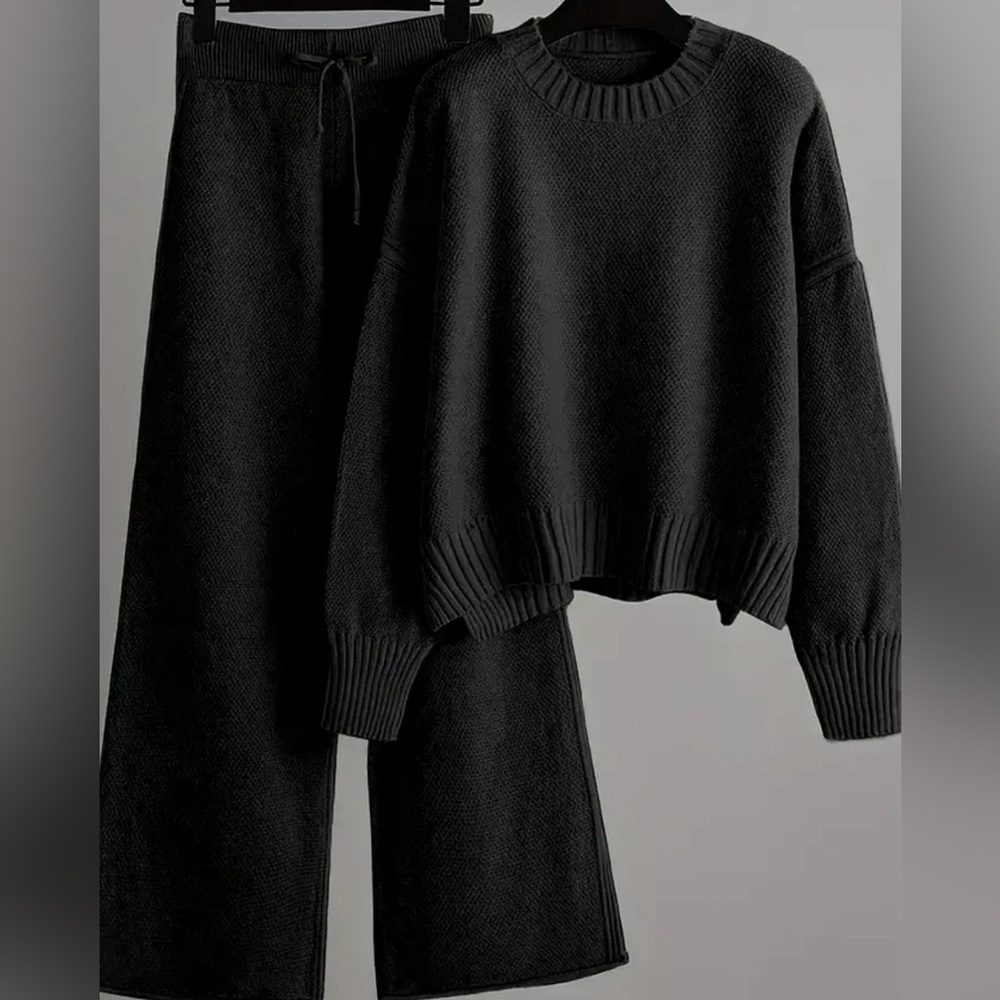 Classic Black Knit Sweater & Wide-Leg Pants Set
